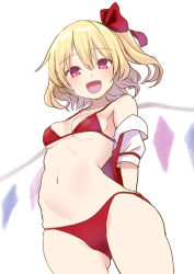 Rule 34 | 1girl, :d, absurdres, amisu, arms behind back, bare shoulders, bikini, blonde hair, cowboy shot, fang, flandre scarlet, hair ribbon, highres, looking at viewer, navel, open mouth, red bikini, red eyes, red ribbon, ribbon, simple background, smile, solo, stomach, swimsuit, touhou, white background, wings