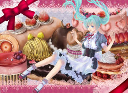 Rule 34 | 1girl, apron, bad id, bad pixiv id, blue eyes, blue hair, bow, bowtie, corset, dress, female focus, floating hair, food, frills, hatsune miku, hinagaeru, matching hair/eyes, open mouth, socks, solo, sweets, twintails, vocaloid