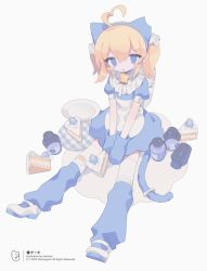 Rule 34 | 1girl, ahoge, animal ears, apron, backpack, bag, bandaid, bandaid on clothes, bandaid on leg, bell, between legs, blue dress, blue eyes, blue hairband, blue mittens, blue socks, blush stickers, bottle, cake, cake slice, cat ears, cat tail, commentary, daizu (melon-lemon), dress, extra ears, fake animal ears, food, full body, hair between eyes, hair ornament, hairband, hand between legs, heart, heart ahoge, kneehighs, looking at viewer, loose socks, mittens, neck bell, neck ribbon, no nose, orange hair, original, parted lips, plate, puffy short sleeves, puffy sleeves, randoseru, ribbon, shoes, short sleeves, sidelocks, simple background, sitting, socks, socks over thighhighs, solo, tail, tail ornament, tail ribbon, thighhighs, translated, twintails, v arms, white apron, white background, white bag, white footwear, white ribbon, white thighhighs, x hair ornament
