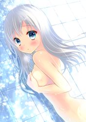 Rule 34 | 10s, 1girl, :o, against wall, bad id, bad pixiv id, blue eyes, blush, breast hold, breasts, covering privates, covering breasts, dutch angle, kantai collection, light particles, long hair, looking at viewer, looking to the side, nude, out-of-frame censoring, silver hair, small breasts, solo, tile wall, tiles, u-511 (kancolle), upper body, wet, yuzukaze rio