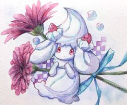 Rule 34 | alcremie, blue bow, blue ribbon, bow, bubble, checkered background, creatures (company), dot mouth, floating, flower, flower request, food, fruit, game freak, gen 8 pokemon, hands on own neck, highres, looking ahead, looking at viewer, nintendo, no humans, painting (medium), pink flower, pokemon, pokemon (creature), ras (my-your-music), red eyes, ribbon, solo, strawberry, traditional media, two-tone background, watercolor (medium), white background