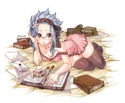 Rule 34 | 1girl, bed, black thighhighs, blue hair, blush, book, breasts, brown eyes, cleavage, collarbone, dress, fairy tail, flower, full body, gajeel redfox, glasses, hair ornament, headband, letter, levy mcgarden, lingerie, looking at viewer, lying, negligee, open book, open mouth, over-rim eyewear, parted lips, pen, photo (object), pink dress, red-framed eyewear, rusky, semi-rimless eyewear, short hair, small breasts, solo, thighhighs, twitter username, underwear, white background