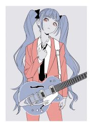 Rule 34 | 1girl, acubi tomaranai, adjusting clothes, adjusting necktie, arm at side, belt, blue hair, closed mouth, eyeshadow, feet out of frame, gretsch, grey background, guitar, hand up, highres, instrument, jacket, long hair, long sleeves, looking at viewer, makeup, necktie, open clothes, open jacket, original, product placement, shirt, simple background, solo, standing, twintails, white shirt
