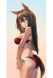 Rule 34 | 1girl, animal ears, ass, bare shoulders, bikini, blue eyes, breasts, brown hair, closed mouth, commentary request, el condor pasa (umamusume), from side, hair between eyes, hair intakes, highres, horse ears, horse girl, horse tail, large breasts, long hair, looking at viewer, looking to the side, red bikini, side-tie bikini bottom, solo, sunagami13, swimsuit, tail, umamusume, very long hair