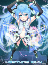 Rule 34 | 1girl, anklet, aqua eyes, armpits, arms up, blue hair, bracelet, breasts, center opening, character name, deeple, elbow gloves, gloves, hatsune miku, hatsune miku (append), hexagon, hologram, holographic monitor, jewelry, long hair, necktie, solo, thighhighs, twintails, very long hair, vocaloid, vocaloid append