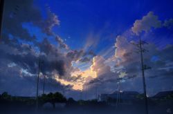 Rule 34 | blue sky, cloud, cloudy sky, commentary request, cumulonimbus cloud, house, mocha (cotton), no humans, original, outdoors, plant, power lines, scenery, sky, sunlight, sunset, utility pole