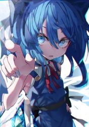 Rule 34 | 1girl, adapted costume, blue bow, blue dress, blue eyes, blue hair, blurry, bow, cirno, dress, foreshortening, hair bow, hand on own hip, highres, ice, muraryo, neck ribbon, pinafore dress, pointing, red ribbon, ribbon, short sleeves, sleeveless dress, solo, touhou, wings