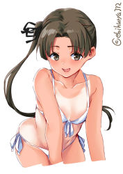 Rule 34 | 1girl, alternate costume, ayanami (kancolle), bikini, blush, breasts, brown eyes, brown hair, collarbone, cowboy shot, ebifurya, hair ribbon, highres, kantai collection, lips, long hair, looking at viewer, one-piece tan, open mouth, ribbon, side-tie bikini bottom, side ponytail, simple background, small breasts, smile, solo, sunburn, swimsuit, tan, tanline, white background, white bikini