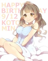 Rule 34 | 1girl, bare arms, bare shoulders, between legs, blue dress, blush, breasts squeezed together, breasts, brown eyes, brown hair, closed mouth, dated, dress, hand between legs, happy birthday, large breasts, long hair, looking at viewer, love live!, love live! school idol project, minami kotori, sekina, sitting, smile, solo, twintails, white background