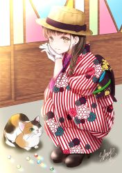 Rule 34 | 1girl, animal, black bow, boots, bow, braid, brown bow, brown footwear, brown hair, brown hat, cat, closed mouth, floral print, full body, gloves, green eyes, hair over shoulder, hands up, hat, hat bow, high heel boots, high heels, highres, japanese clothes, kimono, long hair, long sleeves, looking at viewer, marble (toy), original, print kimono, sheepd, signature, smile, solo, squatting, striped clothes, striped kimono, vertical-striped clothes, vertical-striped kimono, white gloves, wide sleeves, yellow eyes