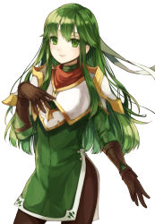 Rule 34 | 1girl, armor, breastplate, cowboy shot, dress, fire emblem, fire emblem: mystery of the emblem, fire emblem: shadow dragon, fire emblem echoes: shadows of valentia, gloves, green dress, green eyes, green hair, headband, jurge, leather, leather gloves, long hair, looking at viewer, nintendo, palla (fire emblem), pantyhose, short dress, side slit, simple background, smile, solo, white background