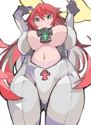 Rule 34 | 1girl, belt, bodysuit, breasts, enpe, from below, guilty gear, guilty gear strive, highres, huge breasts, jack-o&#039; valentine, navel, red hair, smile, solo, too many, too many belts, underboob