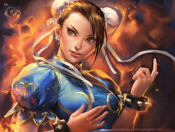 Rule 34 | 1girl, brown eyes, bubble, bun cover, capcom, china dress, chinese clothes, chinese text, chun-li, double bun, dress, female focus, fighting stance, fire, sakimichan, solo, spikes, street fighter
