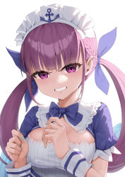 Rule 34 | 1girl, absurdres, anchor symbol, angry, blue bow, blue bowtie, blue nails, bow, bowtie, braid, breasts, clenched teeth, disgust, fingernails, french braid, hair bow, hands up, highres, hololive, large breasts, looking at viewer, low twintails, maid headdress, minato aqua, nail polish, pink eyes, pink hair, simple background, solo, taiga (ryukyu-6102-8), teeth, twintails, upper body, virtual youtuber, white background