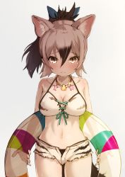 Rule 34 | 1girl, aardwolf (kemono friends), aardwolf print, absurdres, animal ear fluff, animal ears, animal print, bare arms, bare shoulders, bikini, bikini under clothes, black hair, bow, breasts, cleavage, closed mouth, collarbone, cowboy shot, deku suke, extra ears, front-tie bikini top, front-tie top, furrowed brow, grey eyes, grey hair, hair between eyes, hair bow, halterneck, high ponytail, highres, jewelry, kemono friends, long hair, looking at viewer, medium breasts, multicolored hair, navel, necklace, open clothes, open fly, open shorts, pale skin, ponytail, print bikini, print swimsuit, short shorts, shorts, sidelocks, simple background, solo, stomach, sweat, swimsuit, tail, two-tone hair, white background