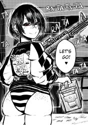 Rule 34 | 1girl, ammunition box, ass, ass freckles, body freckles, box, breasts, commentary, curvy, ear piercing, earrings, english commentary, english text, freckles, gekikara (tomboy-sama), greyscale, gun, highres, holding, holding box, holding gun, holding weapon, jacket, jewelry, large breasts, looking at viewer, looking back, m60, machine gun, monochrome, multiple earrings, original, panties, piercing, pov, red eyes, ryona (tomboy sama), scar, scar on face, scar on nose, short hair, speech bubble, spot color, striped clothes, striped panties, underwear, weapon, wedgie