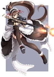 Rule 34 | 1girl, aiming, anti-materiel rifle, apron, bail, barrett m82, black dress, black footwear, black ribbon, black thighhighs, blush, border, bow, brown hair, bullet, camouflage, closed mouth, cross-laced footwear, dress, fire, firing, frilled apron, frilled dress, frills, frown, full body, garter straps, green eyes, grey background, gun, highres, holding, holding weapon, lace, lens flare, long hair, long sleeves, maid, maid apron, maid headdress, motion blur, one eye closed, ponytail, puffy sleeves, red bow, red ribbon, ribbon, rifle, shoes, smoke, sniper rifle, solo, thighhighs, very long hair, weapon