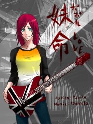 Rule 34 | 1girl, android, devola, female focus, green eyes, guitar, instrument, kanji, long hair, nier, nier (series), pants, partially colored, red hair, shirt, solo, take (takemikazuchi), text focus