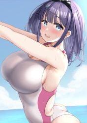 Rule 34 | 1girl, ass, beach, black hairband, blue eyes, blue sky, blush, breasts, cloud, competition swimsuit, day, eyes visible through hair, hair ornament, hairband, hairclip, highres, kibihimi, large breasts, looking at viewer, medium hair, misora (princess connect!), navel, ocean, one-piece swimsuit, open mouth, outdoors, pink one-piece swimsuit, princess connect!, purple hair, sky, smile, solo, sweatdrop, swimsuit, teeth, two-tone swimsuit, upper teeth only, water, wet, wet clothes, wet swimsuit