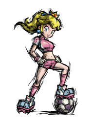 Rule 34 | 1girl, absurdres, alternate hairstyle, ball, bike shorts, blonde hair, blue eyes, cleats, crop top, crown, earrings, eyelashes, flipped hair, full body, gem, gloves, hair tie, hair up, hands on own hips, hat, high ponytail, highres, jewelry, kneehighs, legs apart, light smile, lipstick, long hair, looking at viewer, makeup, mario (series), mario strikers charged, masanori sato, midriff, navel, nintendo, official art, pink lips, pink socks, playing sports, ponytail, princess peach, shoes, short sleeves, sidelocks, simple background, sketch, smile, sneakers, soccer, soccer ball, soccer uniform, socks, solo, sportswear, standing, strikers peach, super mario strikers, telstar, turtleneck, uniform, white background, white gloves