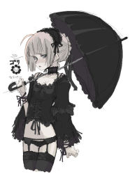 Rule 34 | 00s, 1girl, artoria pendragon (all), artoria pendragon (fate), black thighhighs, fate/stay night, fate (series), garter belt, goth fashion, gothic lolita, hairband, holding, lace, lace-trimmed legwear, lace trim, lingerie, lolita fashion, lolita hairband, original, panties, parasol, saber (fate), saber alter, sketch, solo, thighhighs, umbrella, underwear