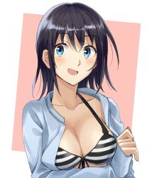 Rule 34 | 1girl, bikini, black hair, blue eyes, breasts, cleavage, front-tie bikini top, front-tie top, hero-san to moto onna kanbu-san, highres, honjou hayate, large breasts, open clothes, open mouth, open shirt, sleeves past wrists, smile, solo, somechime (sometime1209), striped bikini, striped clothes, sweatdrop, swimsuit, upper body