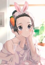 Rule 34 | 1girl, absurdres, animal ears, black hair, blue eyes, blurry, blurry background, blush, camisole, closed mouth, collared shirt, commentary request, depth of field, dress shirt, fake animal ears, flower pot, forehead, grey shirt, hair bun, highres, kanzi, long sleeves, looking away, off shoulder, open clothes, open shirt, original, plant, potted plant, rabbit ears, shirt, solo, white camisole