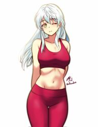 Rule 34 | 1girl, armpit crease, arms behind back, breasts, collarbone, commentary, english commentary, fire emblem, fire emblem: radiant dawn, groin, highres, leggings, long hair, medium breasts, micaiah (fire emblem), navel, nintendo, one eye closed, red leggings, red sports bra, rotomdocs, shadow, sidelocks, signature, simple background, solo, sports bra, taut clothes, thigh gap, white background, white hair, wide hips, workout clothes, yellow eyes