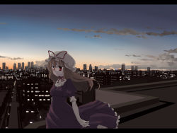 Rule 34 | 1girl, arms at sides, city, elbow gloves, female focus, gloves, hat, kuroneko no toorimichi, letterboxed, md5 mismatch, mob cap, outdoors, sky, solo, standing, sunset, takuzui, touhou, wallpaper, yakumo yukari