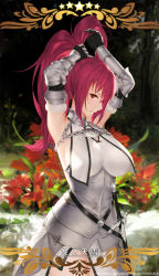 Rule 34 | 1girl, adjusting hair, alternate costume, areola slip, armor, armpits, arms up, bare shoulders, belt, blush, breasts, cangkong, chain, cosplay, cowboy shot, couter, dress, fate/grand order, fate (series), flower, gauntlets, gorget, hair between eyes, highres, jeanne d&#039;arc (fate), jeanne d&#039;arc (ruler) (fate), jeanne d&#039;arc (third ascension) (fate), large breasts, long hair, looking at viewer, parted lips, pink hair, plackart, ponytail, profile, red eyes, red flower, ribbed sweater, ruler (fate/apocrypha) (cosplay), scathach (fate), sheath, sheathed, sleeveless, sleeveless turtleneck, smile, solo, standing, star (symbol), sweater, sweater dress, sword, turtleneck, tying hair, watermark, weapon, web address