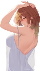 Rule 34 | 1girl, aketa mikoto, armpits, arms up, back, backlighting, bare shoulders, blonde hair, blue eyes, blush, breasts, brown eyes, brown hair, from side, gradient hair, highres, idolmaster, idolmaster shiny colors, kirou (kiruyuu1210), large breasts, looking at viewer, medium hair, multicolored eyes, multicolored hair, nail polish, parted lips, see-through, see-through silhouette, shoulder blades, solo