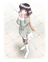 Rule 34 | 1990s (style), 1girl, bag, bishoujo senshi sailor moon, black pantyhose, boots, breath, coat, covering own mouth, from above, gloves, handbag, hino ryutaro, mittens, pantyhose, purple eyes, retro artstyle, scarf, short hair, shoulder bag, snow, snowing, solo, standing, tomoe hotaru, winter clothes