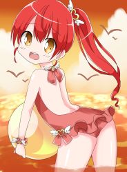 Rule 34 | 1girl, :d, arched back, backless outfit, bare shoulders, bird, blush, brown eyes, cloud, commentary request, hair between eyes, hair ornament, hamada pengin, head tilt, heart, heart hair ornament, high ponytail, highres, horizon, leaning forward, long hair, looking at viewer, looking to the side, ocean, one-piece swimsuit, open mouth, outdoors, pretty series, pripara, red hair, red one-piece swimsuit, red scrunchie, scrunchie, shiratama mikan, side ponytail, sidelocks, sky, smile, solo, sunset, swimsuit, teeth, upper teeth only, wading, water, wing hair ornament, wrist scrunchie