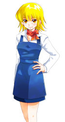 Rule 34 | 1girl, alternate costume, apron, bad id, bad pixiv id, blonde hair, blue apron, blue skirt, blush, bow, cagalli yula athha, closed mouth, collarbone, gundam, gundam seed, hair between eyes, hand on own hip, long sleeves, looking at viewer, maccha (jam513), miniskirt, orange eyes, red bow, red neckwear, shirt, short hair, simple background, skirt, smile, solo, standing, white background, white shirt