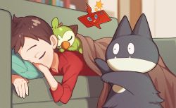 Rule 34 | 1boy, amakara000, blanket, brown hair, closed eyes, commentary, couch, creature, creatures (company), cushion, from below, game freak, gen 4 pokemon, gen 8 pokemon, grookey, highres, indoors, lying, male focus, munchlax, nintendo, on stomach, pokemon, pokemon (creature), pokemon on back, pokemon swsh, red shirt, rotom, rotom phone, shirt, short hair, sleeping, sleeves rolled up, symbol-only commentary, victor (pokemon)