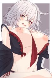 Rule 34 | 1girl, ahoge, bad id, bad pixiv id, between breasts, black bra, black jacket, blush, border, bra, breasts, breasts out, fate/grand order, fate (series), front-hook bra, grey background, hair between eyes, hand on own chest, highres, jacket, jeanne d&#039;arc (fate), jeanne d&#039;arc alter (avenger) (fate), jeanne d&#039;arc alter (fate), large breasts, looking at viewer, navel, nipples, off shoulder, open clothes, open jacket, open mouth, puffy nipples, ramchi, red neckwear, short hair, silver hair, simple background, sitting, solo, thighs, underwear, white border, yellow eyes