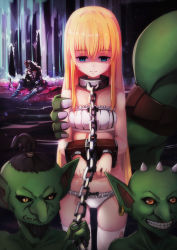 Rule 34 | 10s, 1girl, 4boys, bare shoulders, blonde hair, blue eyes, bra, breasts, chain, closed mouth, collar, colored skin, commentary request, cuffs, empty eyes, frilled panties, frills, goblin, goblin slayer!, green skin, hangyaku no kusaichigo, highres, long hair, multiple boys, panties, priestess (goblin slayer!), shackles, slave, small breasts, solo focus, standing, underwear, water, white bra, white panties