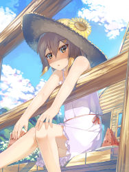Rule 34 | 10s, 1girl, :o, absurdres, blue sky, brown eyes, brown hair, building, cloud, day, deck, dress, flower, food, from behind, fruit, hair between eyes, hair ornament, hairclip, hat, hat flower, highres, hill, holding, holding food, house, ikazuchi (kancolle), kantai collection, looking at viewer, outdoors, plate, railing, red ribbon, ribbon, seneto, short dress, short hair, sitting, sky, sleeveless, sleeveless dress, solo, straw hat, sun hat, sundress, sunflower, sunlight, watermelon, white dress, window