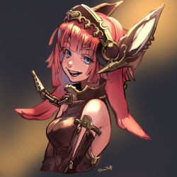 Rule 34 | 1girl, armlet, armor, bare shoulders, blue eyes, chain, drill, eyes visible through hair, headgear, long hair, looking at viewer, nishiki areku, open mouth, original, pink hair, pink lips, signature, smile, solo, teeth, upper body, zipper, zipper pull tab