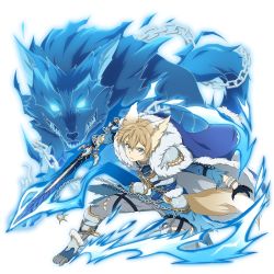 Rule 34 | 1boy, animal ears, armor, blonde hair, blue armor, blue eyes, blue gloves, breastplate, chain, closed mouth, eugeo, gloves, grey pants, hair between eyes, highres, holding, holding sword, holding weapon, looking at viewer, male focus, non-web source, official art, on one knee, pants, shoulder armor, solo, sword, sword art online, torn clothes, torn pants, transparent background, weapon, werewolf, wolf, wolf ears