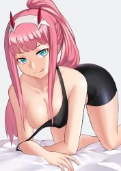 Rule 34 | 10s, 1girl, :p, aori sora, aqua eyes, bare shoulders, bed sheet, bent over, bike shorts, blunt bangs, breasts, cleavage, darling in the franxx, highres, horns, large breasts, long hair, looking at viewer, no bra, on bed, pink hair, ponytail, smile, strap slip, tank top, tongue, tongue out, zero two (darling in the franxx)