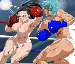 Rule 34 | 2girls, absurdres, ahoge, boku no hero academia, boxing, boxing gloves, boxing ring, breasts, bruise, catfight, face punch, hair pulled back, highres, in the face, injury, large breasts, mouth guard, multiple girls, muscular, muscular female, panties, ponytail, punching, ryona, sweat, nervous sweating, tarupo789, thick thighs, thighs, topless, underwear, yaoyorozu momo