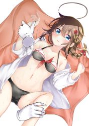 Rule 34 | 1girl, ahoge, bare shoulders, bikini, black bikini, blue eyes, blush, braid, breasts, brown hair, collarbone, commentary request, disembodied hand, dutch angle, front-tie bikini top, front-tie top, hair between eyes, hair ornament, highres, jacket, kantai collection, leg up, long hair, long sleeves, looking at viewer, lying, mashiro aa, medium breasts, navel, off shoulder, on back, parted lips, shigure (kancolle), simple background, single braid, solo focus, swimsuit, wet, white background, white jacket
