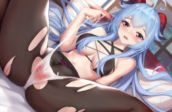 Rule 34 | 1girl, ahoge, bare shoulders, black bra, black pantyhose, blue hair, blush, bra, breasts, cameltoe, cleft of venus, commentary request, covered erect nipples, criss-cross halter, dutch angle, female pubic hair, ganyu (genshin impact), genshin impact, goat horns, halterneck, hand up, highres, hong bai, horns, long hair, looking at viewer, lying, medium breasts, nipples, no shirt, on back, on bed, open mouth, panties, pantyhose, pubic hair, pubic tattoo, purple eyes, see-through, side-tie panties, solo, spread legs, tattoo, torn clothes, torn pantyhose, underwear, untied panties, white panties