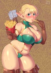 Rule 34 | 1girl, absurdres, blonde hair, breasts, cleavage, cleft of venus, eating, elf-san wa yaserarenai., erufuda-san, eyelashes, female focus, food, french fries, green eyes, highres, holding, holding food, huge breasts, large breasts, looking at viewer, plump, pointy ears, short hair, simple background, skin tight, solo, thick thighs, thighs, wide hips, zheng