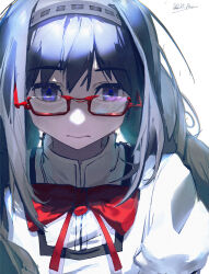 Rule 34 | 1girl, akemi homura, anxi-blue, black hair, bow, closed mouth, collared shirt, commentary, facing viewer, film grain, glasses, grey hairband, hair between eyes, hairband, highres, juliet sleeves, long hair, long sleeves, looking down, mahou shoujo madoka magica, mahou shoujo madoka magica (anime), mitakihara school uniform, puffy sleeves, purple eyes, red-framed eyewear, red bow, red ribbon, ribbon, school uniform, semi-rimless eyewear, shirt, signature, simple background, solo, sweater, upper body, white background, white shirt, white sweater