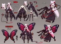 Rule 34 | 1girl, animal, astral realm, black dress, black thighhighs, bug, butterfly, butterfly wings, character name, character sheet, commentary request, dress, flower, grey background, hair between eyes, hand up, highres, holding, insect, insect wings, lolita fashion, long hair, maodouzi, multiple views, one eye covered, panties, parted lips, red eyes, red flower, red panties, red rose, red wings, rose, see-through, silver hair, simple background, smile, thighhighs, underwear, very long hair, whip, wings