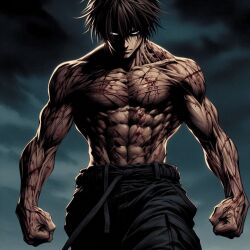 1boy artificial_intelligence brown_hair martial_arts muscular muscular_male original scar scar_on_arm scar_on_chest shirtless_male