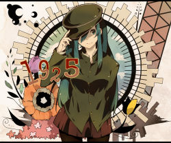 Rule 34 | 1925 (vocaloid), 1girl, aqua eyes, aqua hair, bad id, bad pixiv id, flower, fullo2, hat, hatsune miku, letterboxed, long hair, pantyhose, peaked cap, solo, twintails, vocaloid