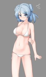 Rule 34 | 1girl, absurdres, alternate costume, arm behind back, bikini, blue eyes, blue hair, breasts, cleavage, closed mouth, double bun, grabbing own arm, grey background, hair bun, highres, kantai collection, large breasts, looking at viewer, maru (marg0613), one-hour drawing challenge, short hair, side-tie bikini bottom, simple background, solo, swimsuit, twitter username, urakaze (kancolle), white bikini